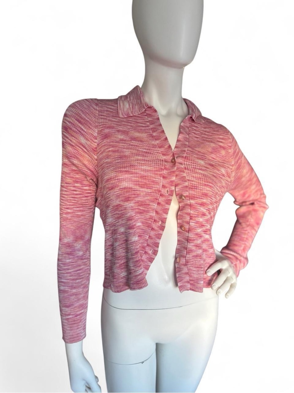 Pink Ribbed Button-Front Women's Sweater Cardigan